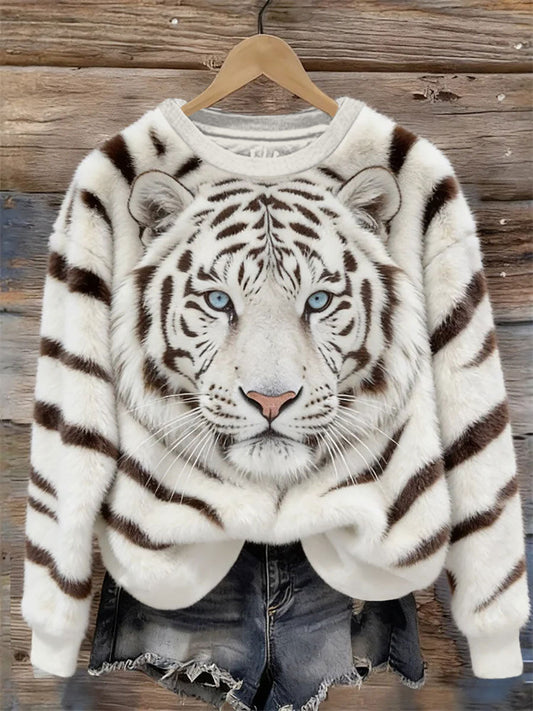 Women’s Tiger Art Print Casual Sweatshirt White / S