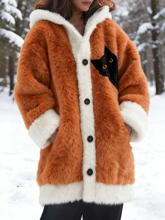 Women’s Animal Cat Print Flannel Warm Jacket As picture / S