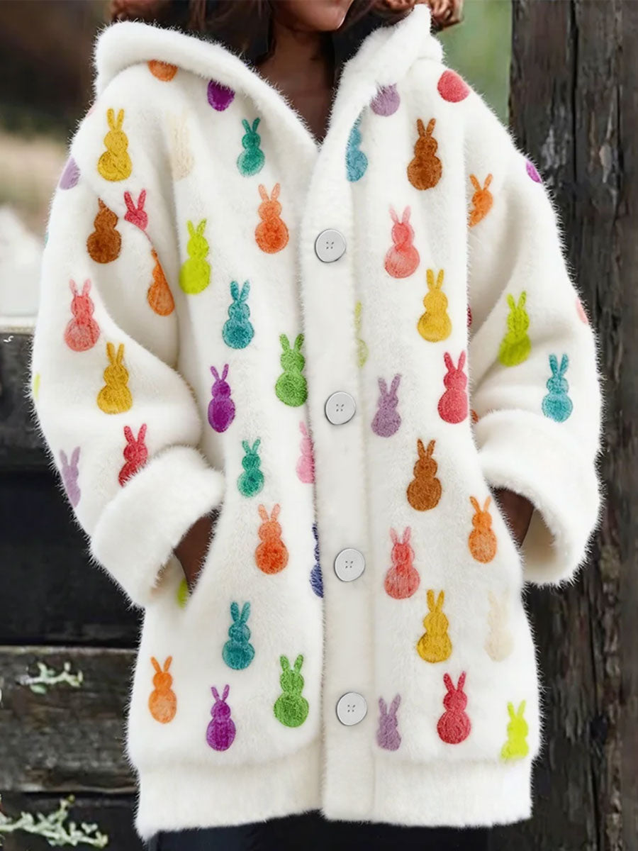 Women’s Cute Bunny Flannel Hooded Cardigan White / S