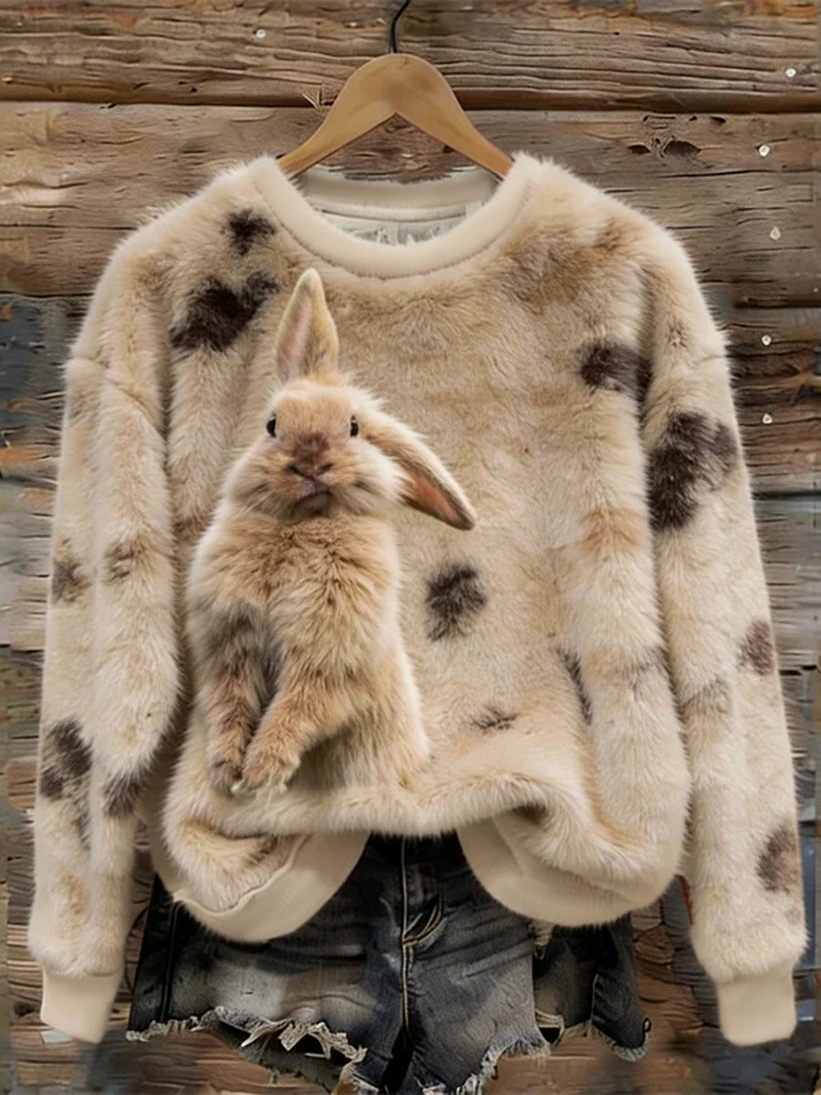 Women’s Cute Bunny Art Round Neck Cozy Flannel Sweatshirt As picture / S