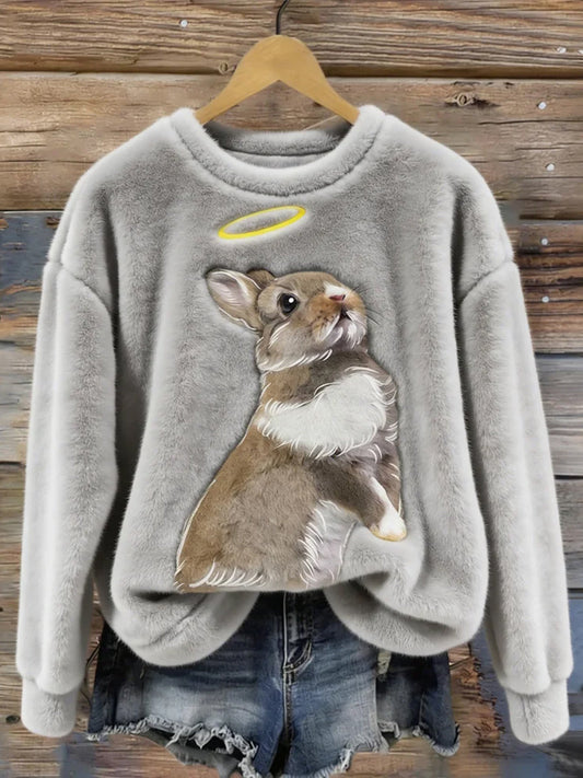 Women’s Cute Bunny Art Round Neck Cozy Flannel Sweatshirt Gray / S