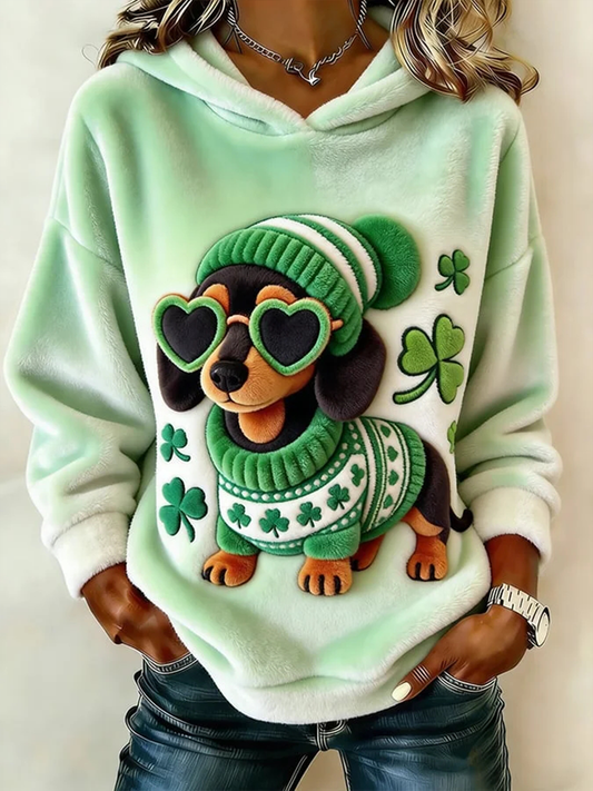 Women’s St. Patrick’s Day Shamrock Dachshund Print Flannel Hoodie Light Green / S