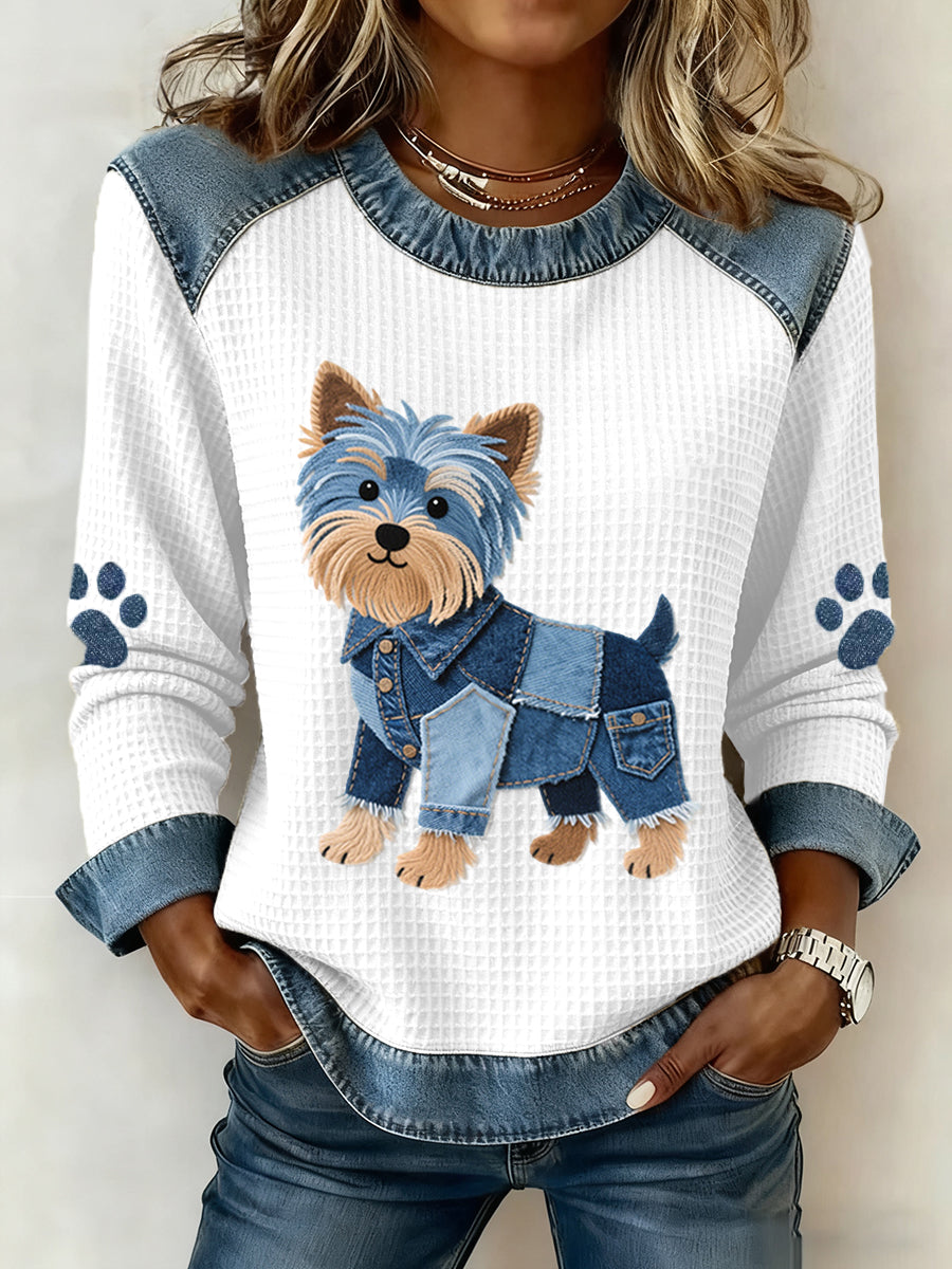Women’s Lovely Yorkshire Terrier Pattern Denim Patchwork Waffle Sweatshirt White / S
