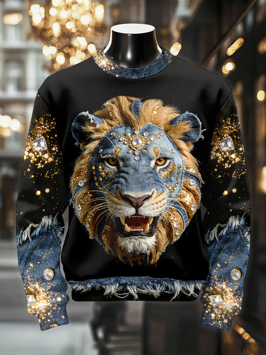 Men’s Retro Luxurious Lion Print Casual Sweatshirt As picture / S