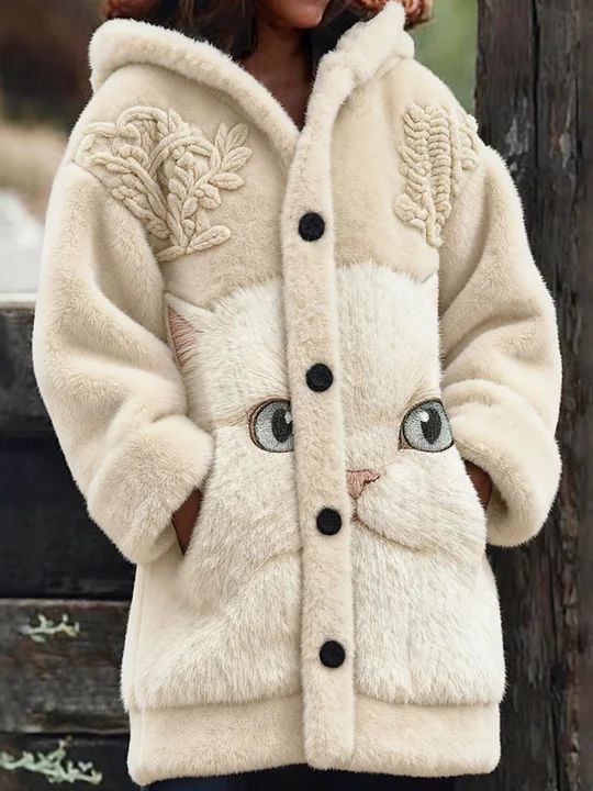 Women’s Animal Cat Print Flannel Warm Jacket As picture / S