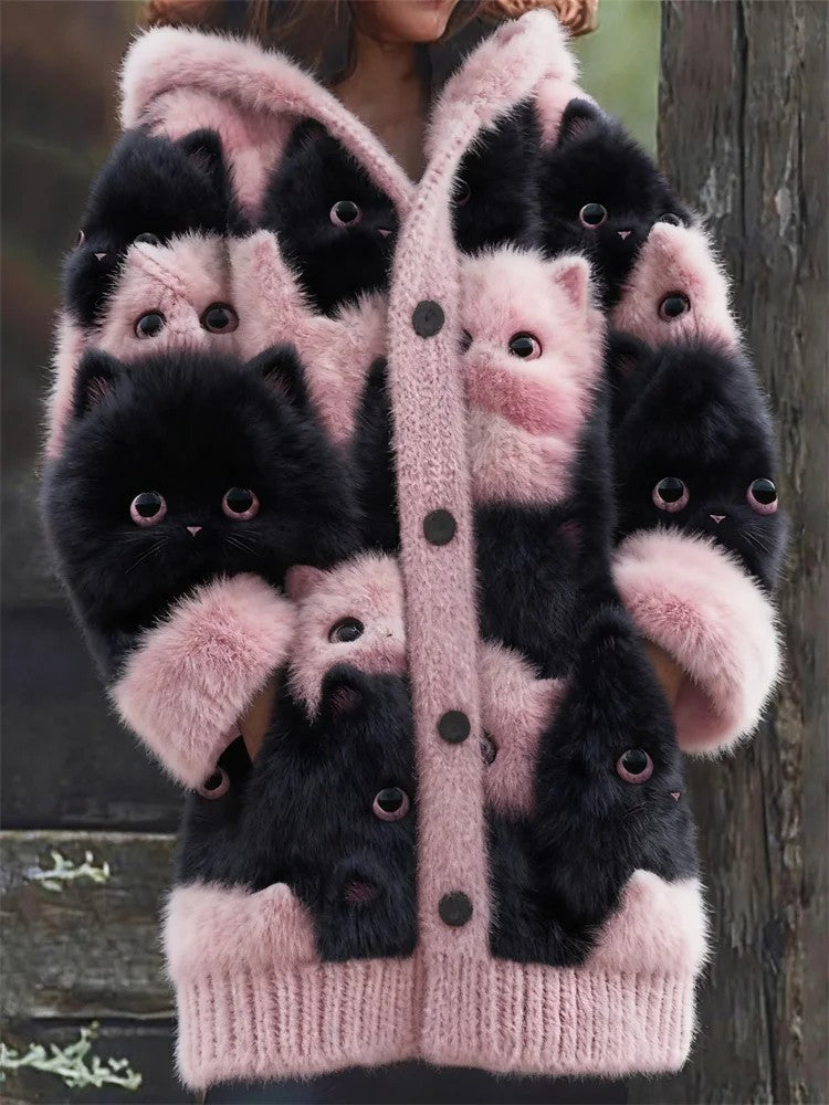 Women’s Animal Cat Print Flannel Warm Jacket As picture / S