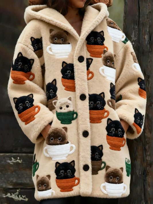 Women’s Animal Cat Print Flannel Warm Jacket As picture / S