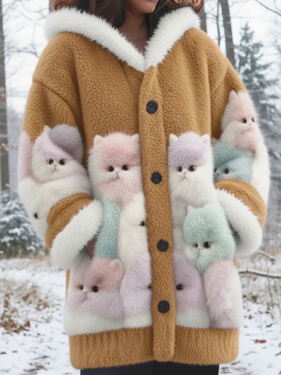 Women’s Animal Cat Print Flannel Warm Jacket As picture / S