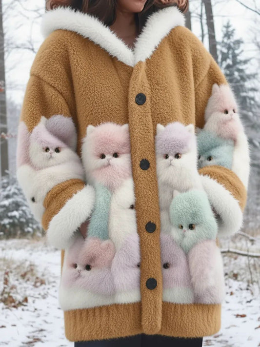 Women’s Animal Cat Print Flannel Warm Jacket As picture / S
