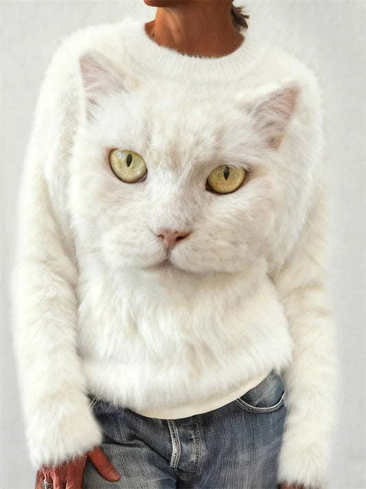 Women’s Cat Printed Sweater White / S