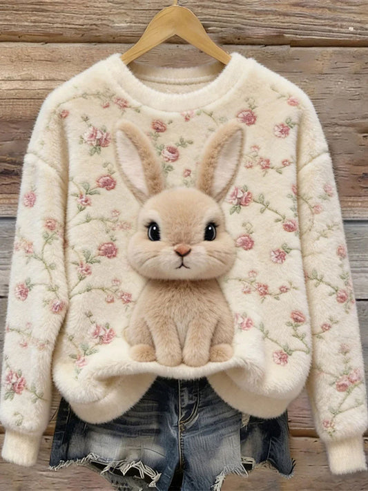 Women’s Cute Bunny Art Round Neck Cozy Flannel Sweatshirt As picture / S