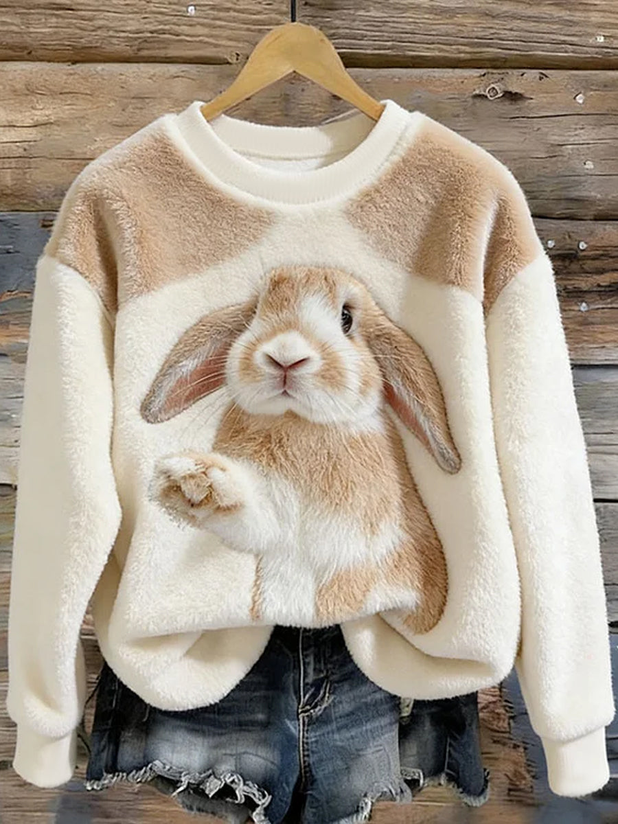 Women’s Cute Bunny Art Round Neck Cozy Flannel Sweatshirt As picture / S
