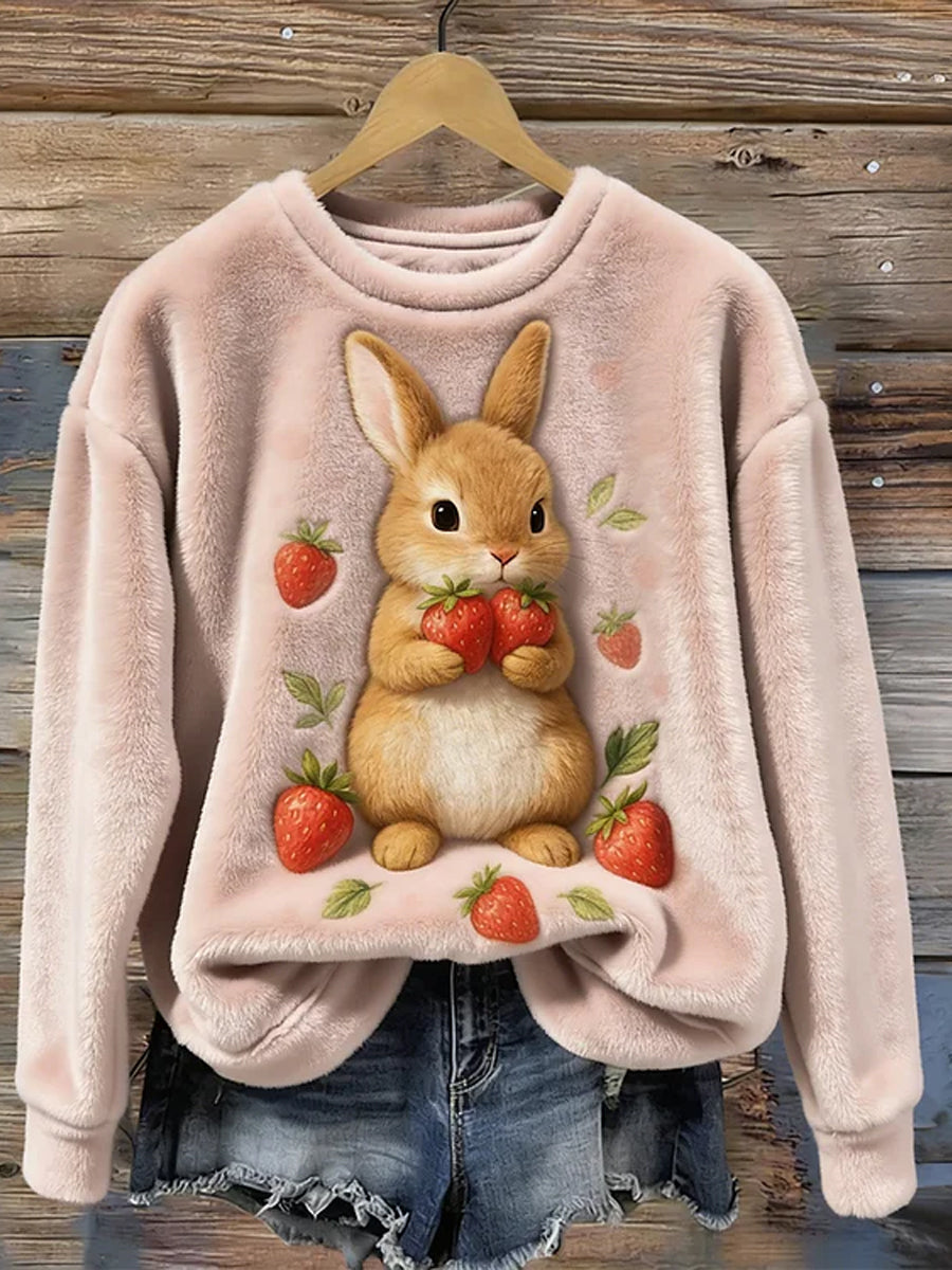 Women’s Cute Bunny And Strawberry Art Cozy Round Neck Cozy Flannel Sweatshirt As picture / S