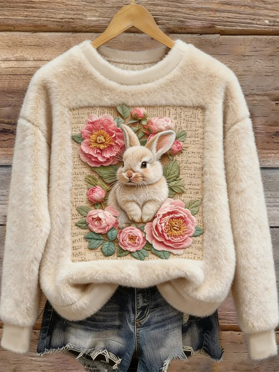 Women’s Cute Bunny Art Round Neck Cozy Flannel Sweatshirt As picture / S
