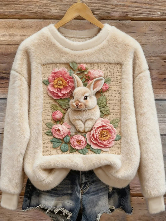Women’s Cute Bunny Art Round Neck Cozy Flannel Sweatshirt As picture / S