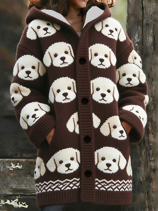 Women’s Cute Dog Composite Fleece Long Coat Red-Brown / S