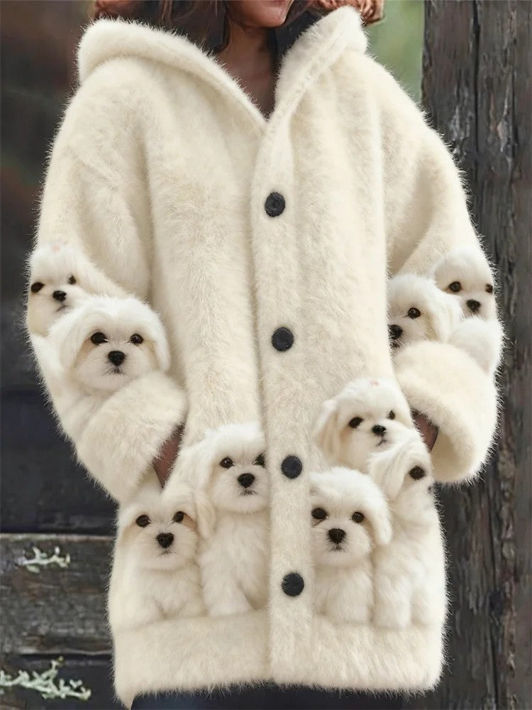 Women’s Animal Dog Print Flannel Warm Jacket As picture / S