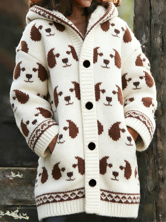 Women’s Cute Dog Composite Fleece Long Coat White / S