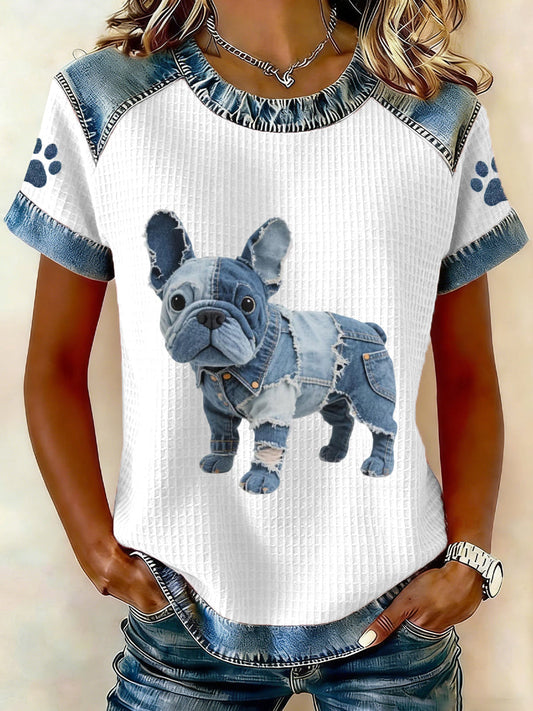 Women’s Lovely French Bulldog Pattern Denim Patchwork Top White / S