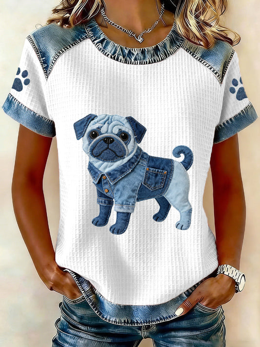 Women’s Lovely Pug Pattern Denim Patchwork Top White / S