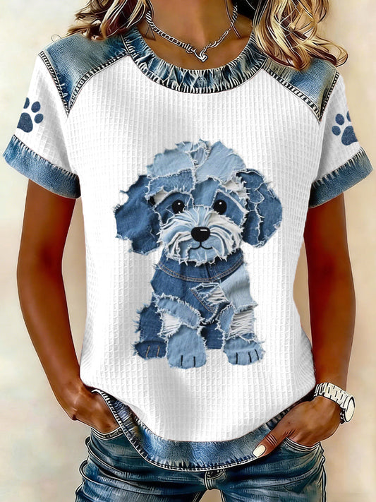 Women’s Lovely Dog Pattern Denim Patchwork Top White / S