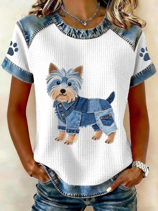 Women’s Lovely Yorkshire Terrier Pattern Denim Patchwork Top White / S