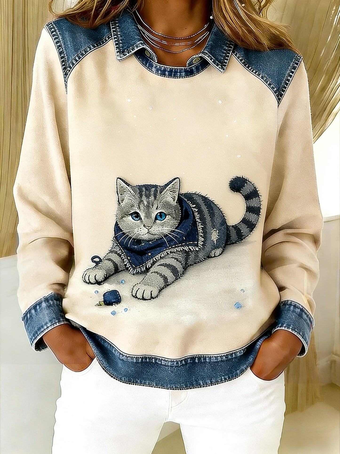 Retro Cute Animal Scarf Cat Denim Patchwork Art Printed Casual Loose Long Sleeve Lapel Sweatshirt Beige / S