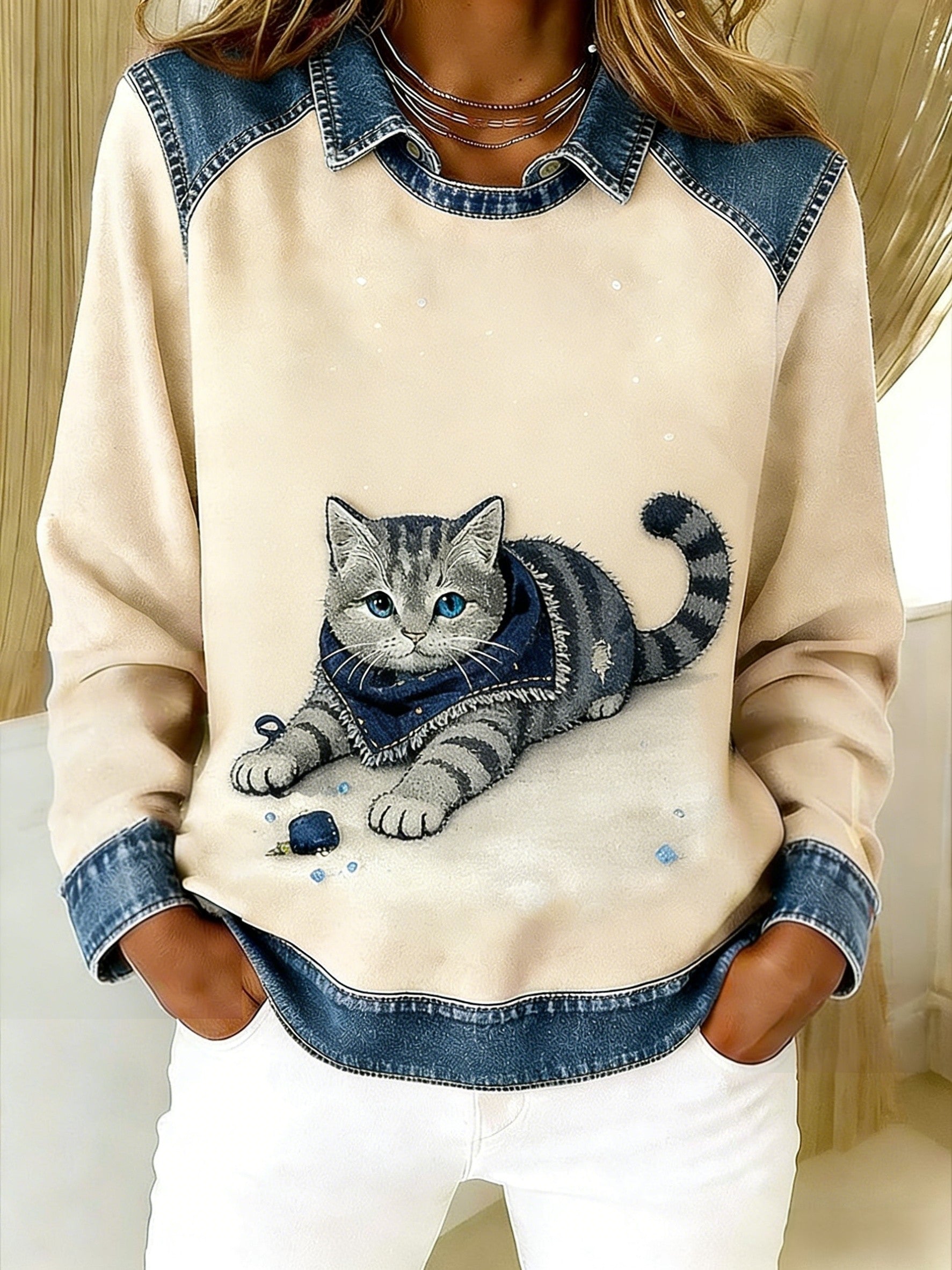 Retro Cute Animal Scarf Cat Denim Patchwork Art Printed Casual Loose Long Sleeve Lapel Sweatshirt Beige / S
