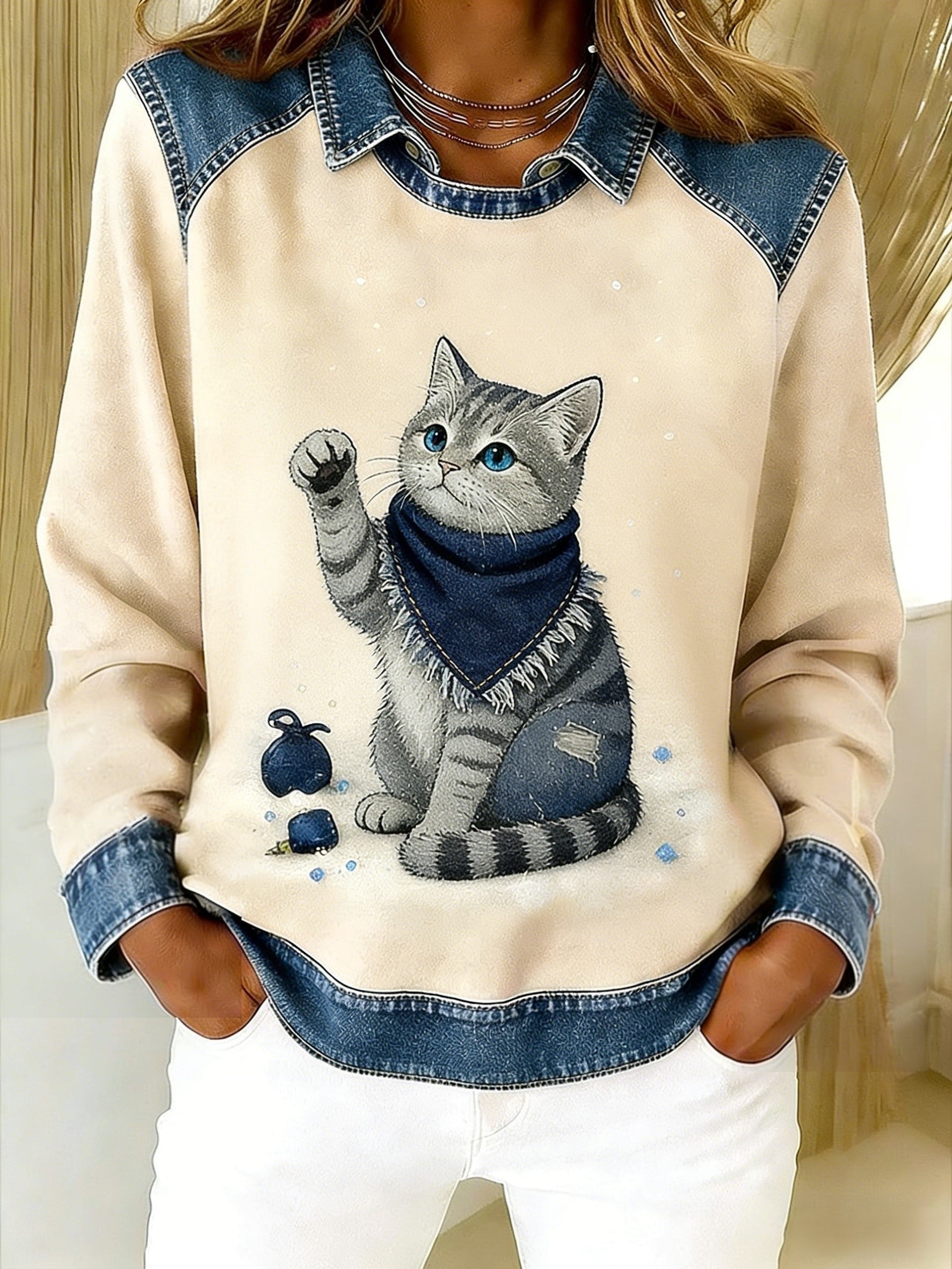 Retro Cute Animal Scarf Cat Denim Patchwork Art Printed Casual Loose Long Sleeve Lapel Sweatshirt Beige / S