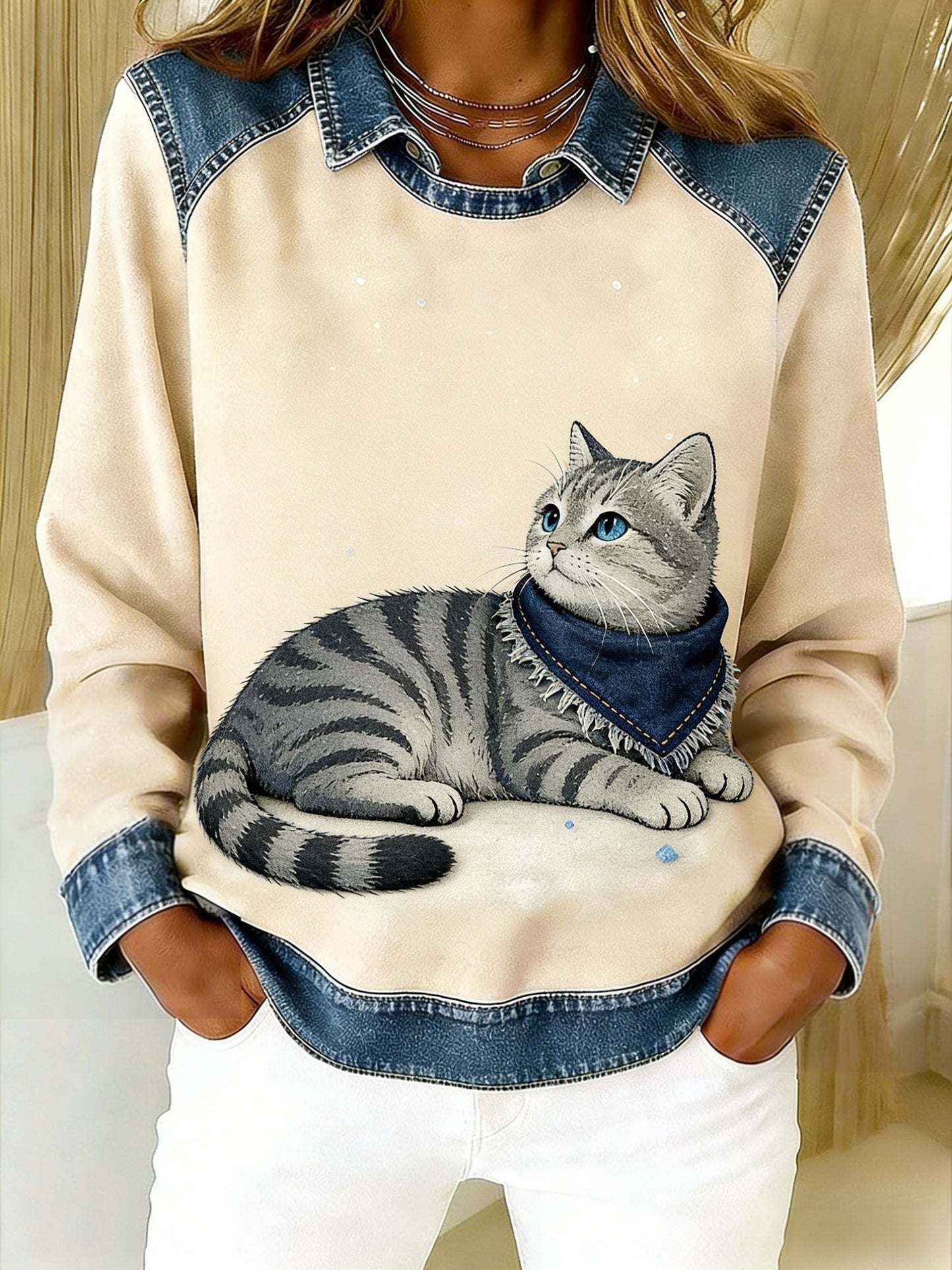 Retro Cute Animal Scarf Cat Denim Patchwork Art Printed Casual Loose Long Sleeve Lapel Sweatshirt Beige / S