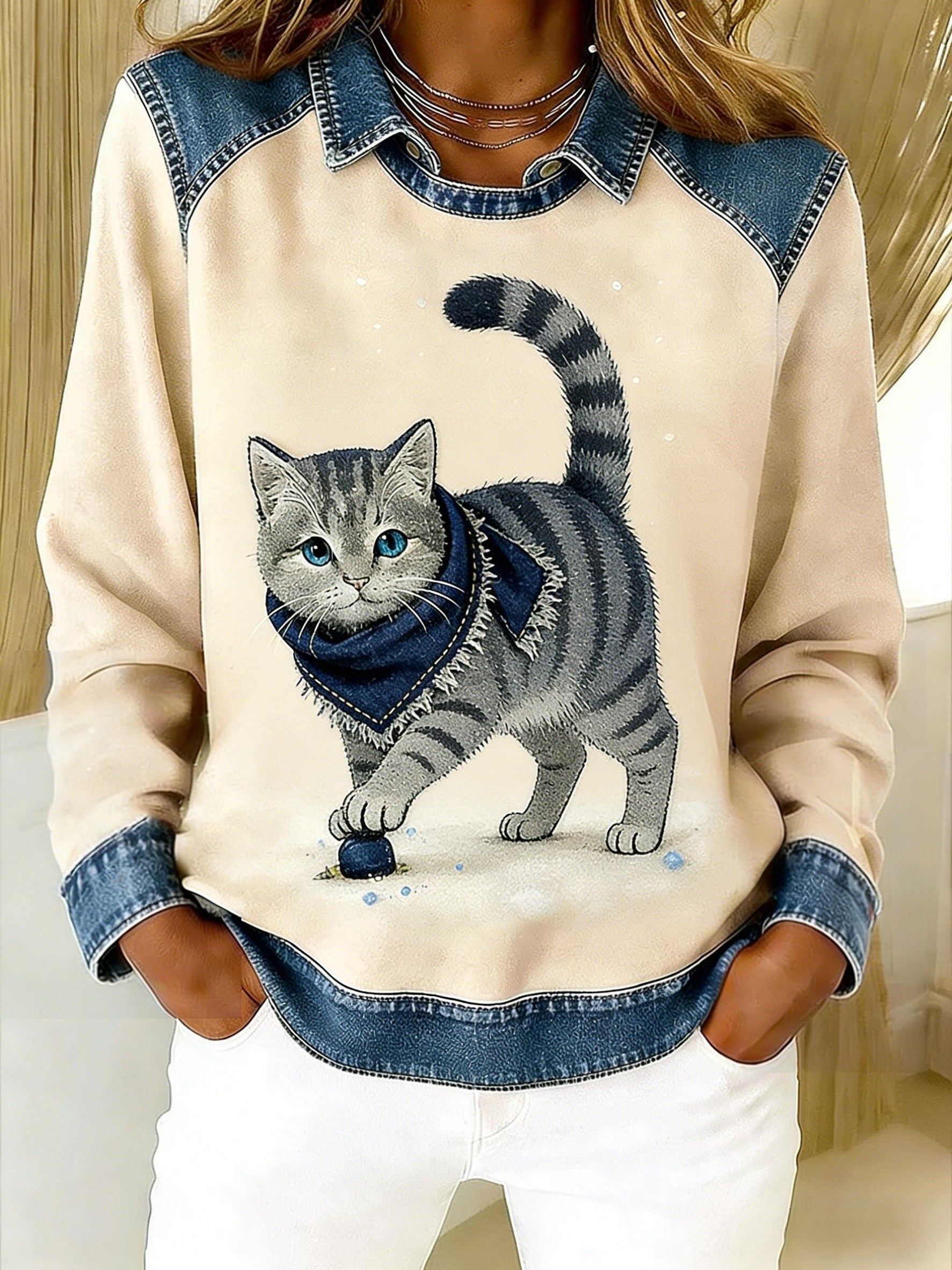 Retro Cute Animal Scarf Cat Denim Patchwork Art Printed Casual Loose Long Sleeve Lapel Sweatshirt Beige / S