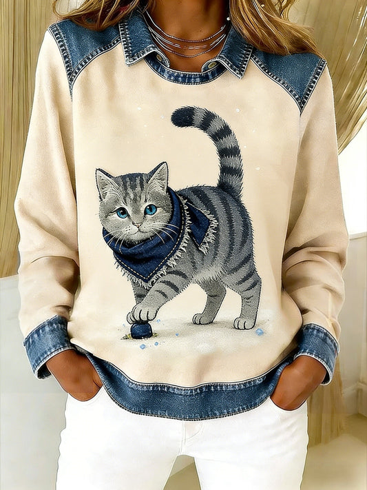 Retro Cute Animal Scarf Cat Denim Patchwork Art Printed Casual Loose Long Sleeve Lapel Sweatshirt Beige / S