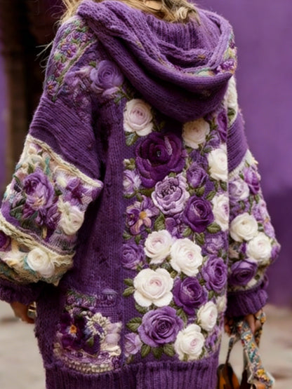 Women’s Breast Cancer Awareness Floral Button Cardigan Hooded Sweater Purple / S