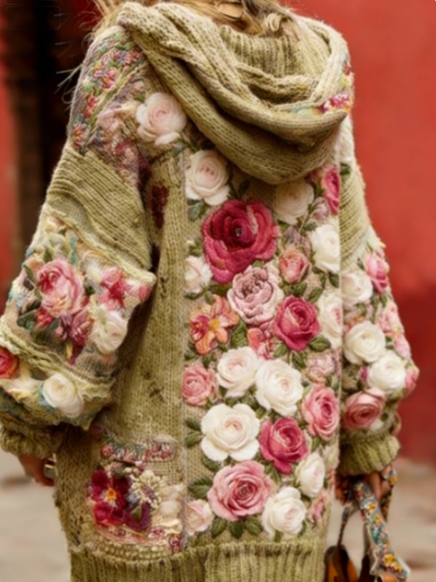 Women’s Breast Cancer Awareness Floral Button Cardigan Hooded Sweater Khaki / S