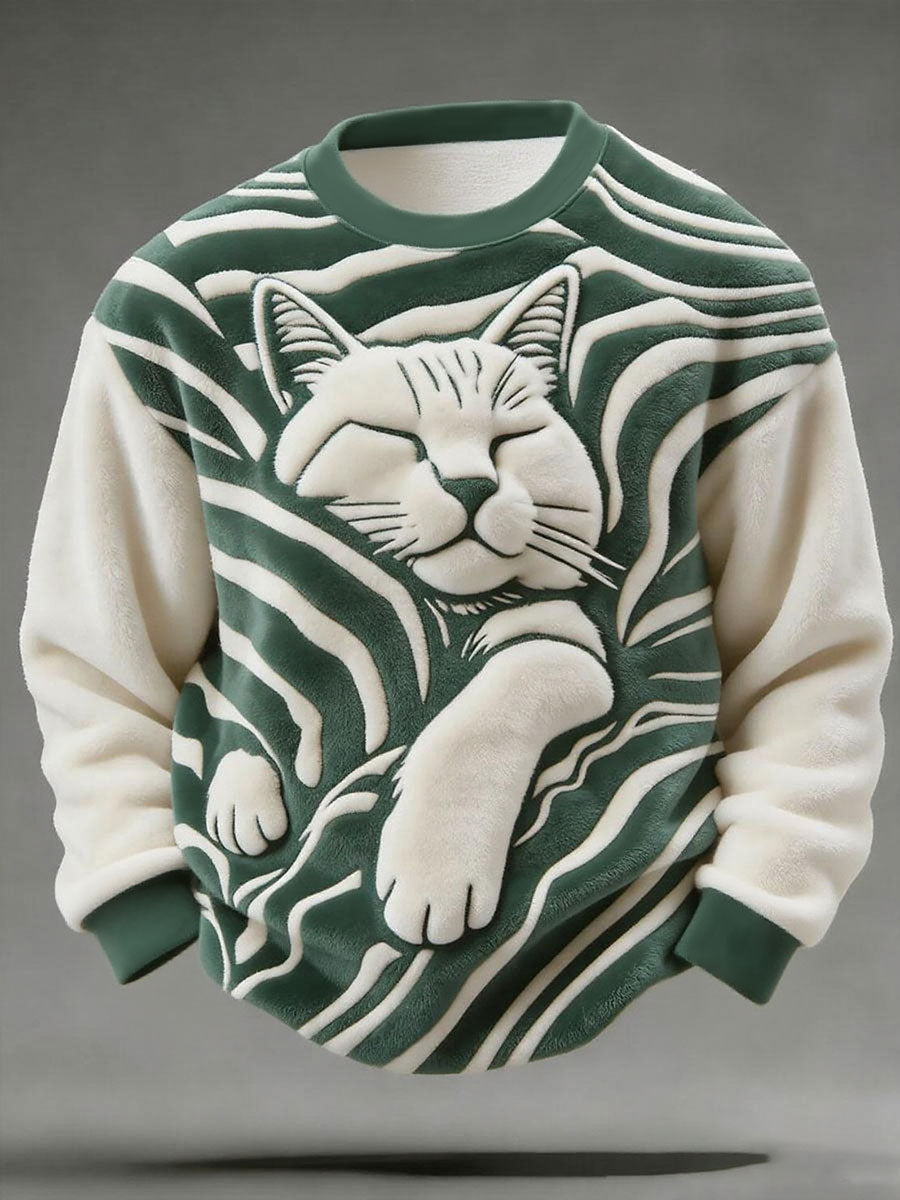 Men’s Cute Sleep Cat Art Print Casual Flannel Sweatshirt As picture / S