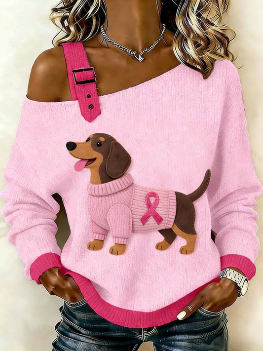 Women’s Retro Dachshund Breast Cancer Awareness Casual Knit Top Pink / S