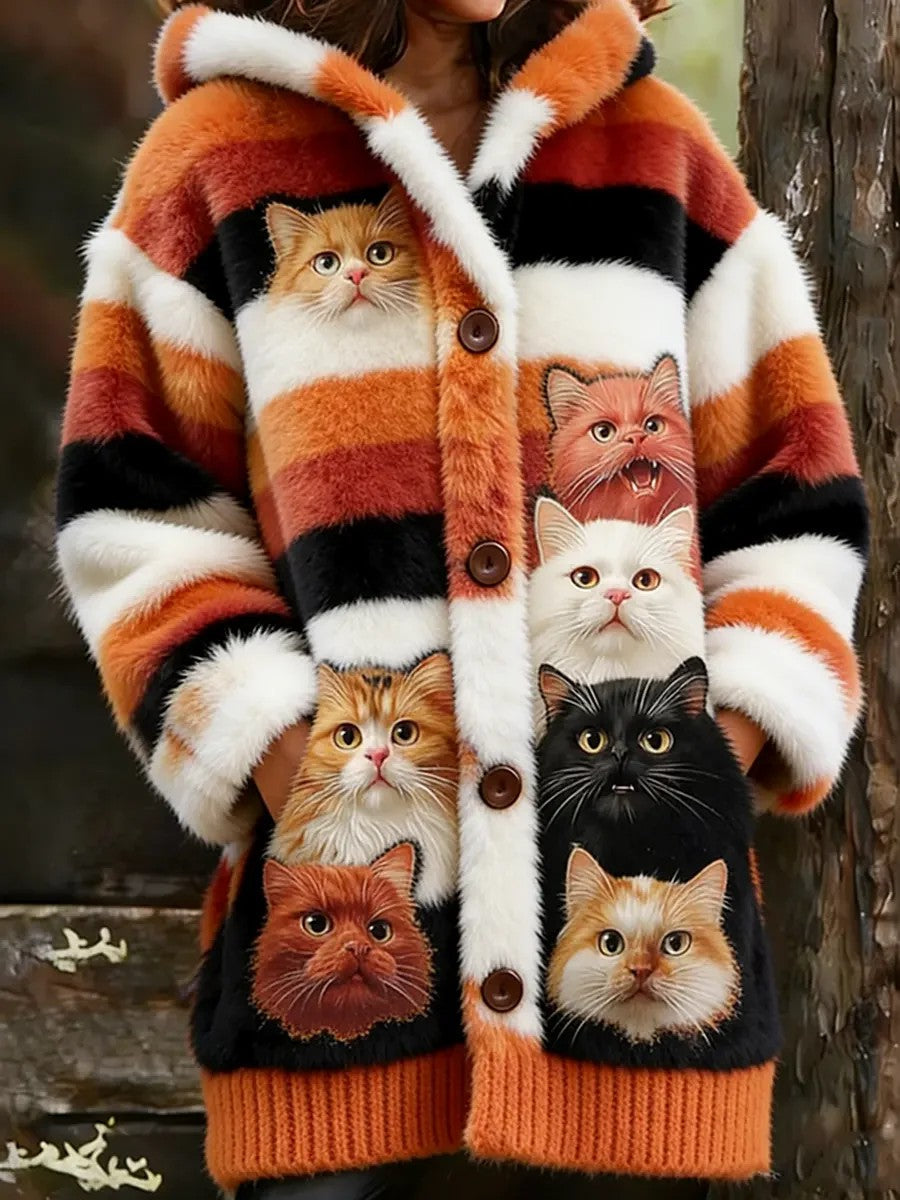 Women’s Animal Cat Print Flannel Warm Jacket As picture / S