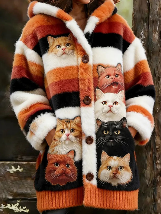 Women’s Animal Cat Print Flannel Warm Jacket As picture / S