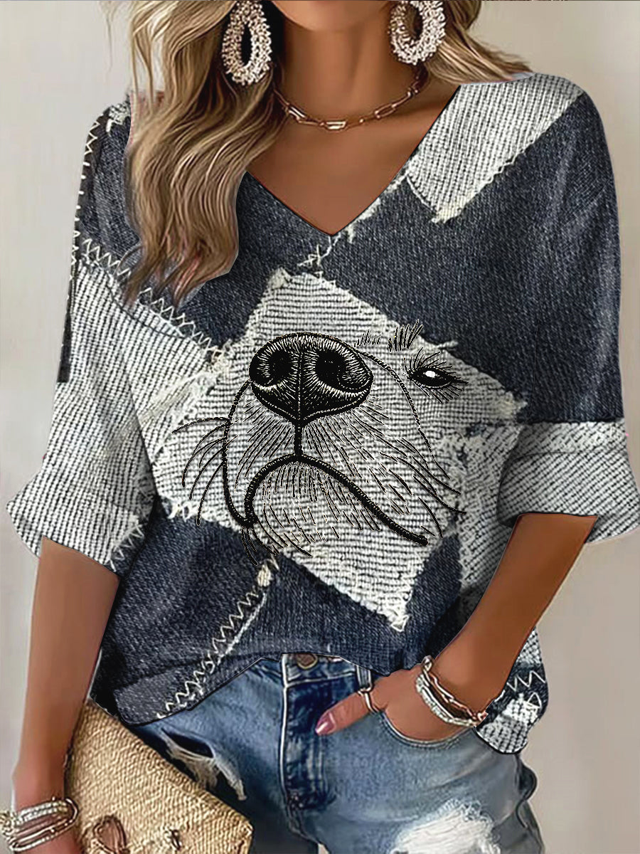 Women’s Cute Dog Denim Patchwork Print Fashion V-Neck Long Sleeve Navy Blue / S