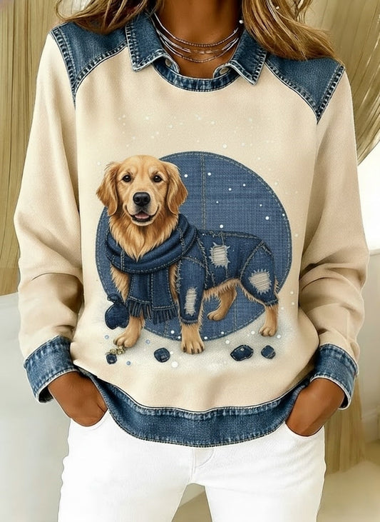 Retro Cute Dog Denim Scarf Patchwork Printed Casual Loose Long Sleeve Lapel Sweatshirt Beige / S