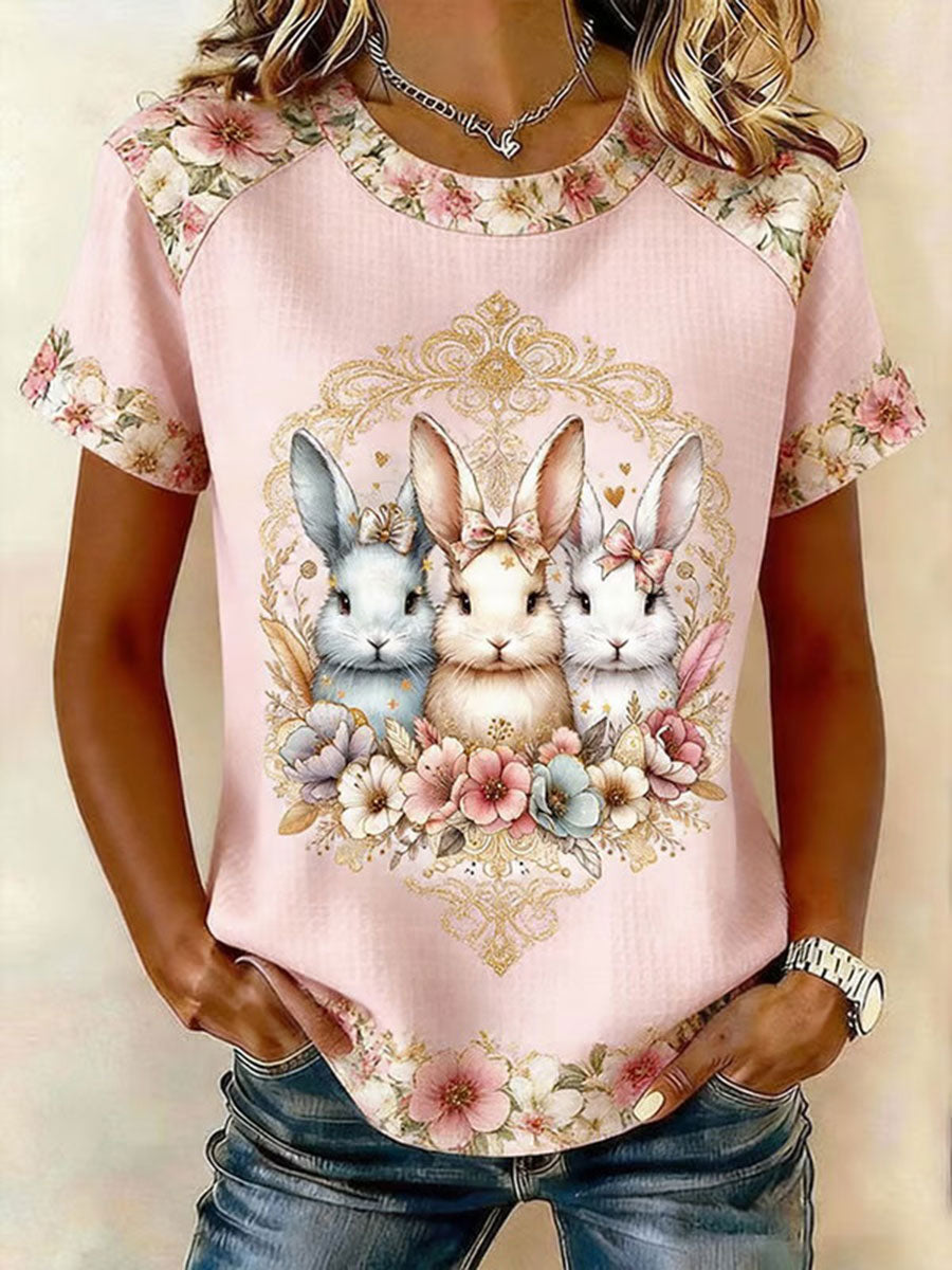 Women’s Rabbit Print Casual T-Shirt Pink / S