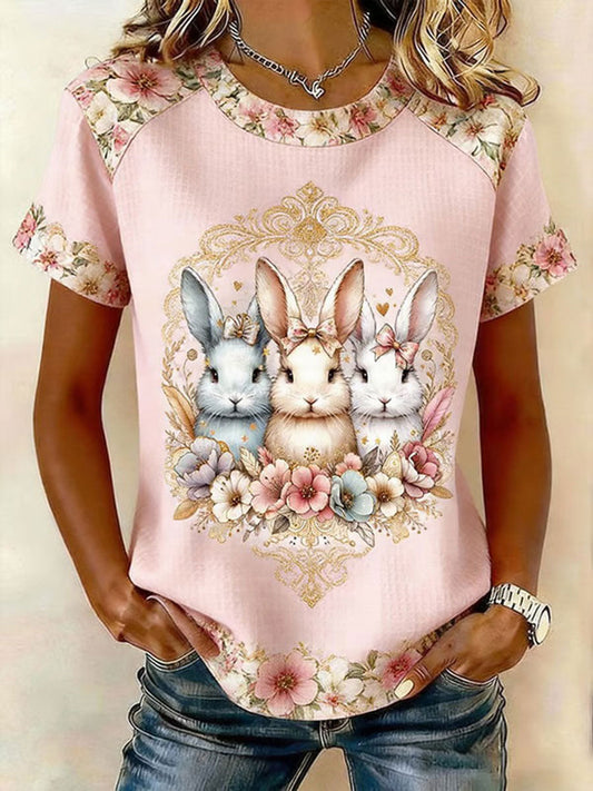Women’s Rabbit Print Casual T-Shirt Pink / S