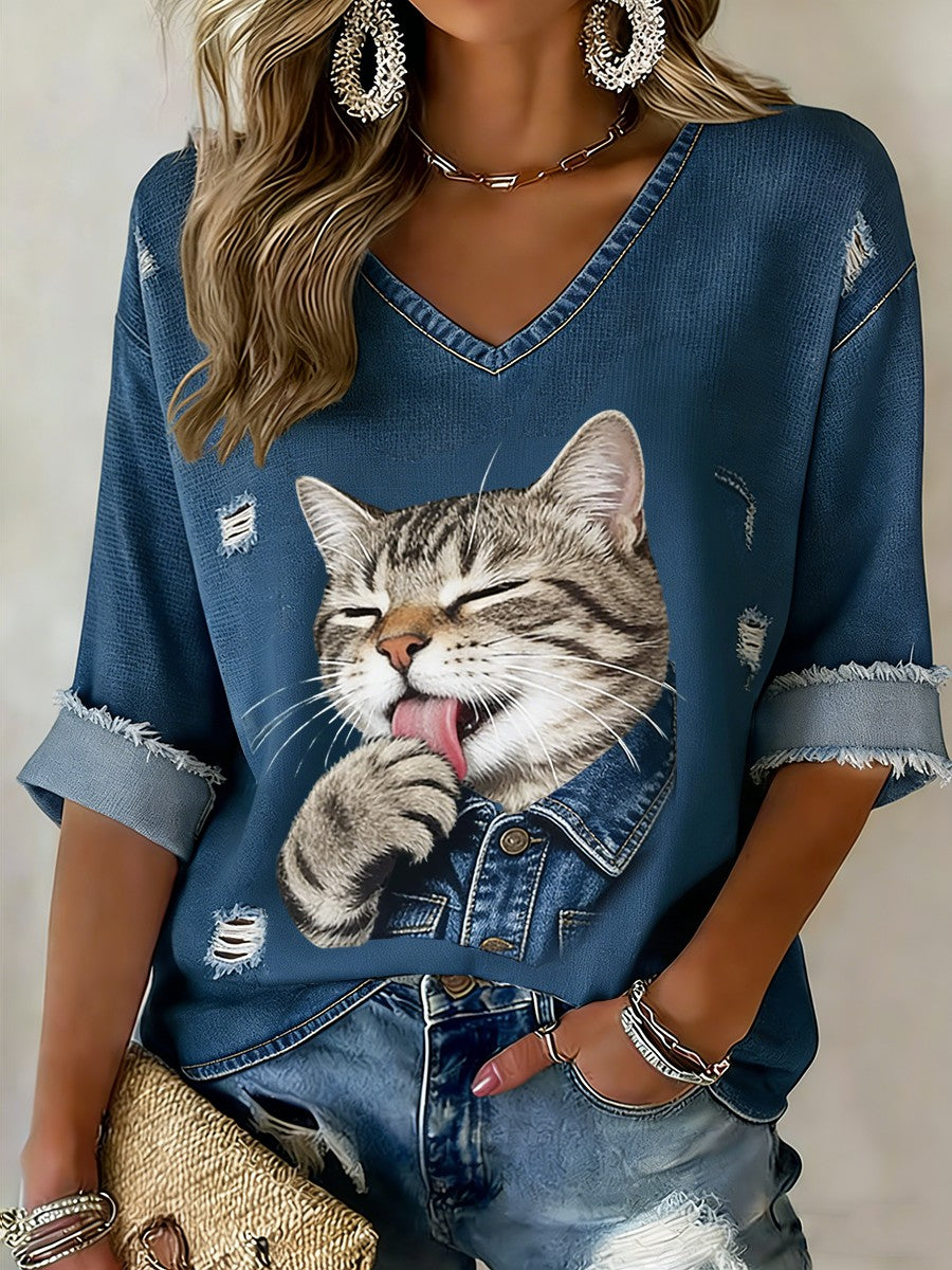 Retro Cute Cat Denim Patchwork Art Print Casual Cotton Long Sleeve T-Shirt Blue / S