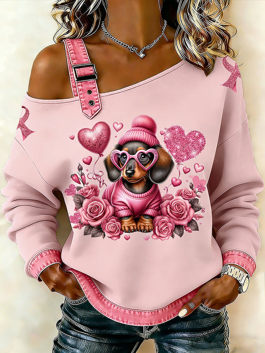 Women’s Breast Cancer Animal Dachshund Printed One Shoulder Suspender Casual Sweater Pink / S