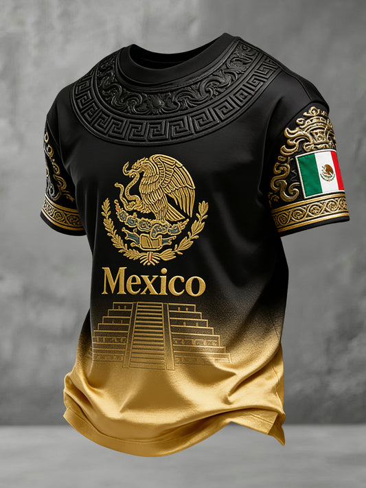 Men's Mexican Aztec Totem Print And Football-Themed Fan T-Shirt