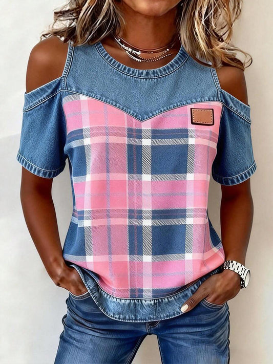 Women's Plaid Pattern Denim Patchwork Top