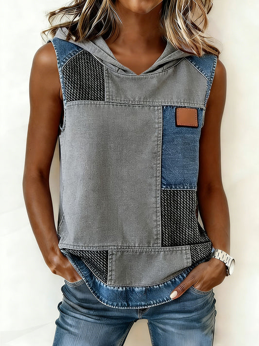 Women's Simple Denim Patchwork Hooded Top
