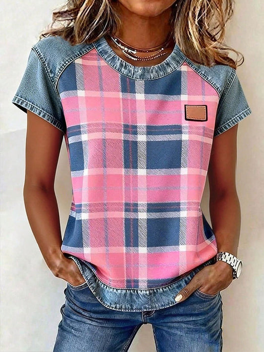 Women's Plaid Print Denim Patchwork Top