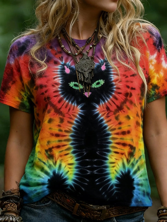 Women's Hippie Abstract Cat Tie-dye Pattern Casual T-shirt