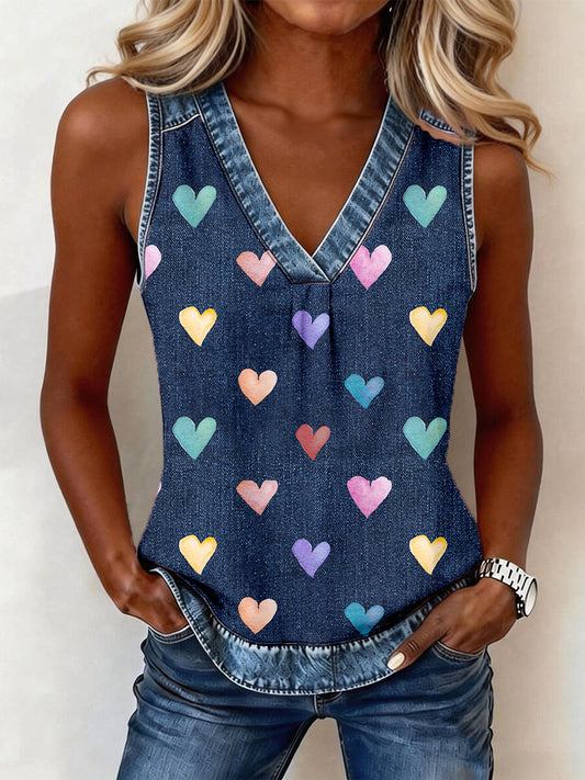 Women's Colorful Heart Pattern Denim Patchwork V-Neck Top